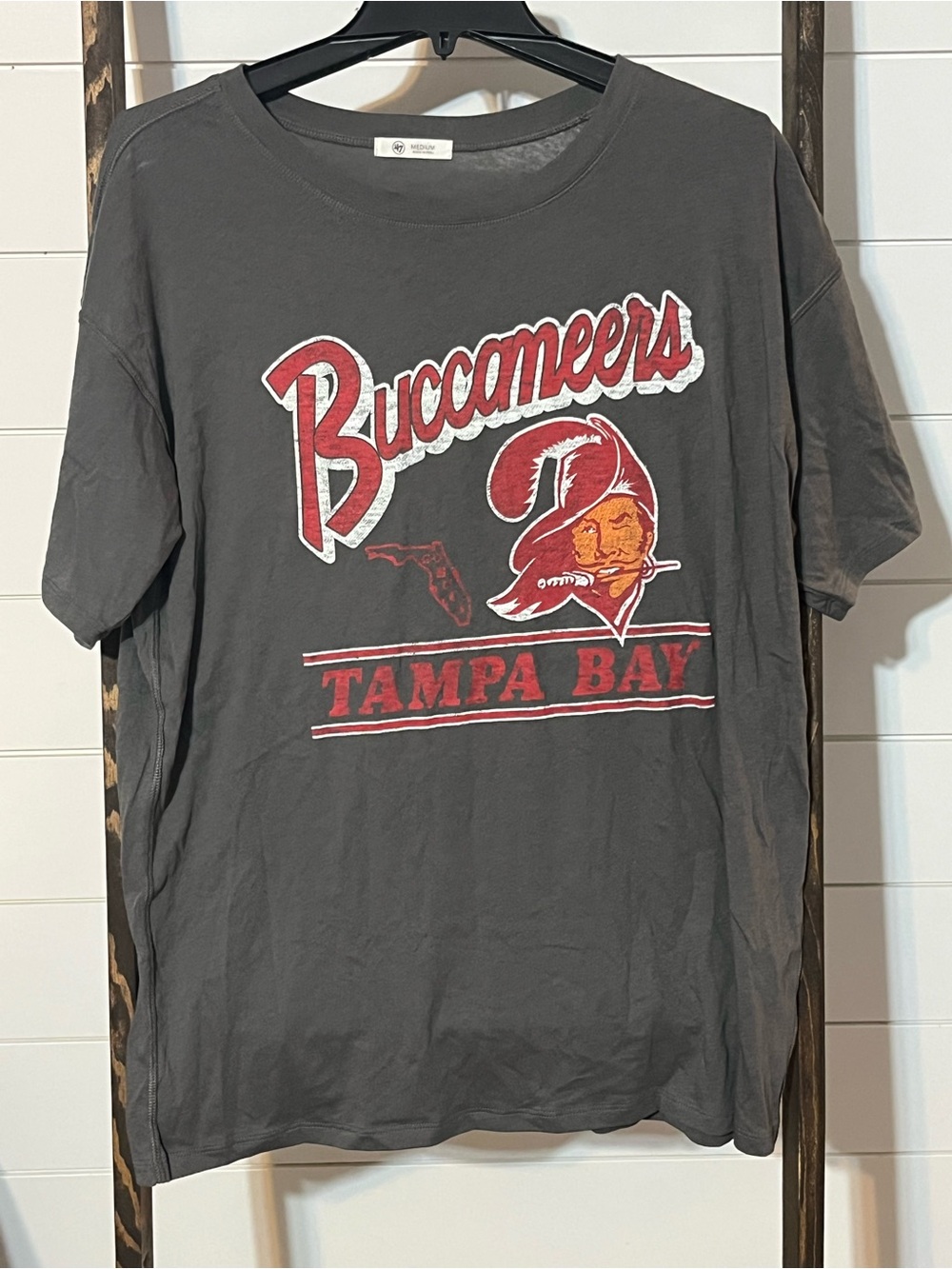 47 Brand Tampa Bay Buccaneers Charcoal Tee with Red and Orange Graphic